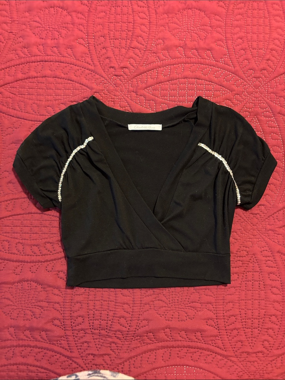 Charlotte Russe Black Cropped V-Neck Puff Sleeve Top with Beaded Trim